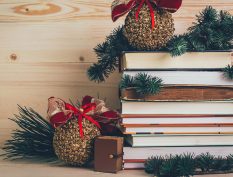 Books with festive holiday decorations