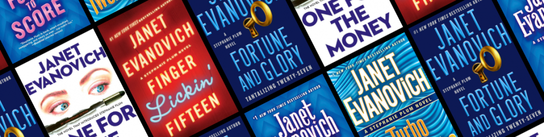 Graphic featuring various Janet Evanovich covers
